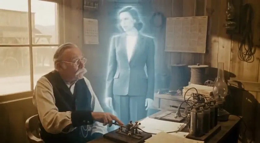 An old telegrapher in a frontier office facing a glowing blue hologram of a woman in a modern suit