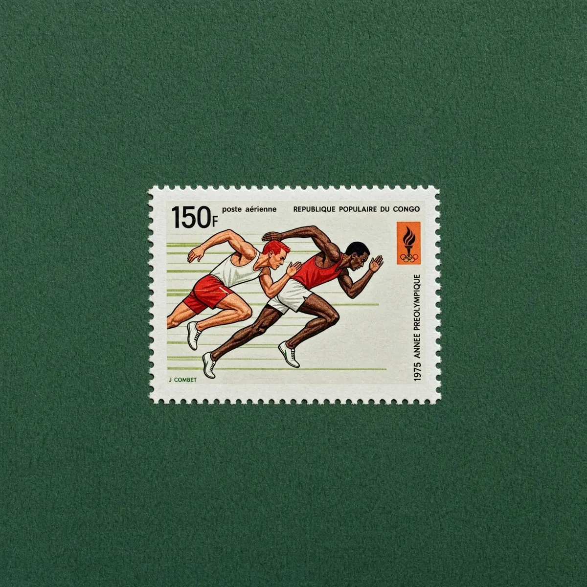 A 1975 Congo airmail stamp of two sprinters mid-stride, 150F, centered on a dark green felt background.