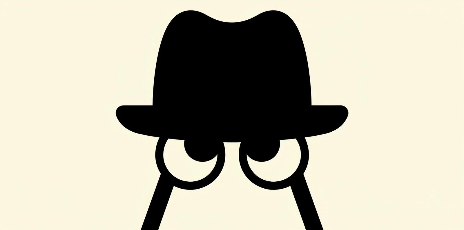 A flat black graphic of a fedora with two round eyes peeking out from under the brim and two thin legs, on cream.