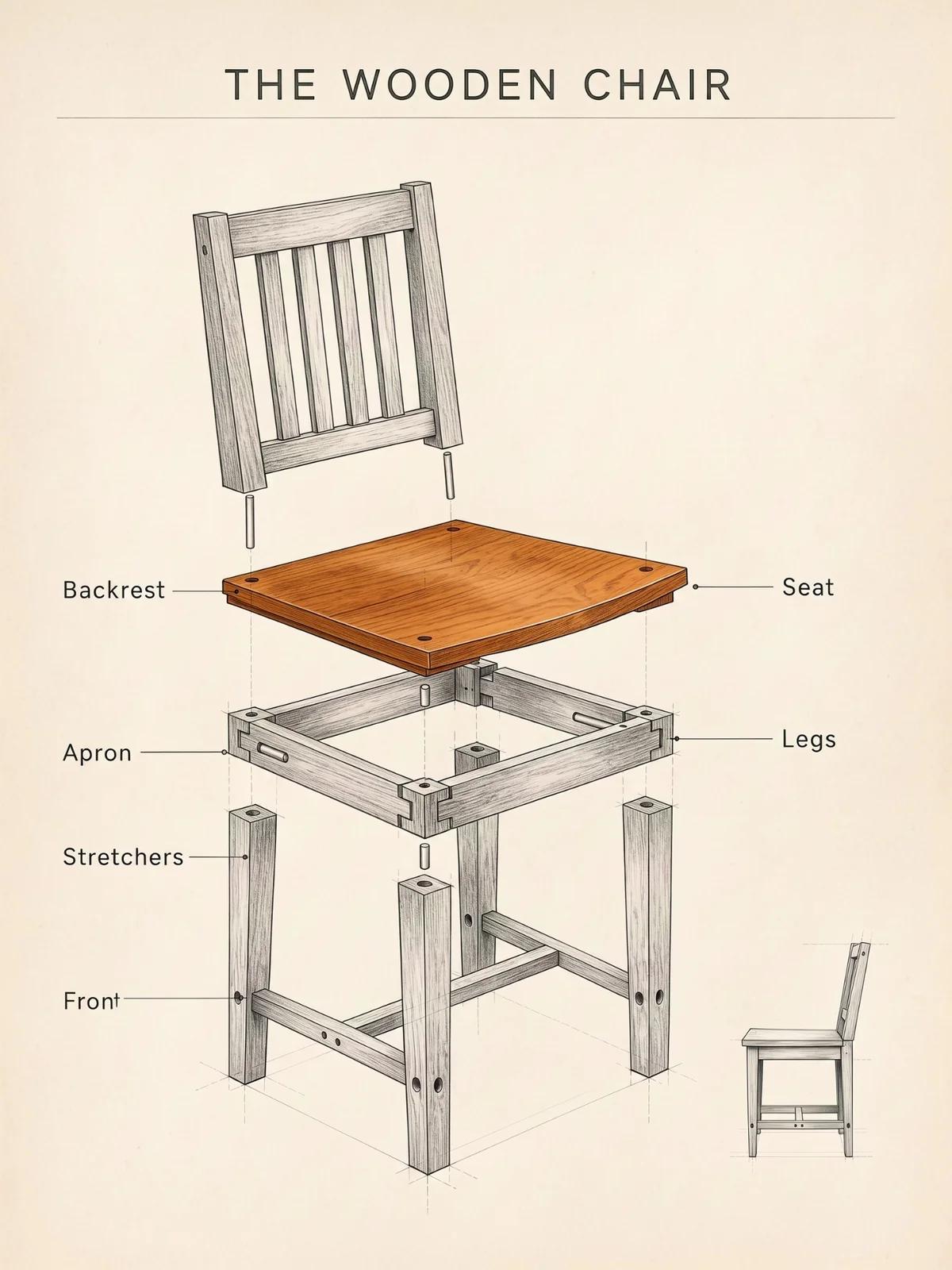 An exploded-view pencil drawing titled The Wooden Chair, with a warm wooden seat and labelled parts on cream paper.