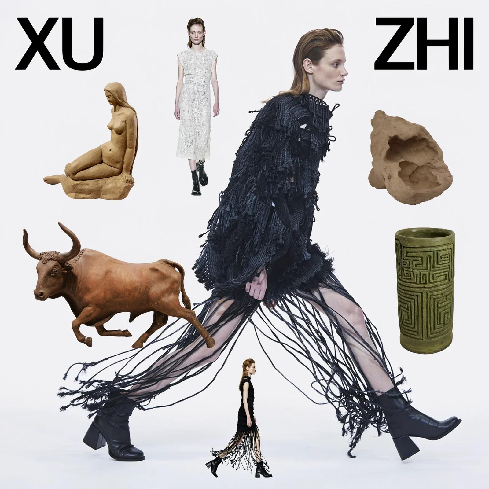 A fashion collage titled XU ZHI: a model in black fringed knitwear striding among clay sculptures on white.